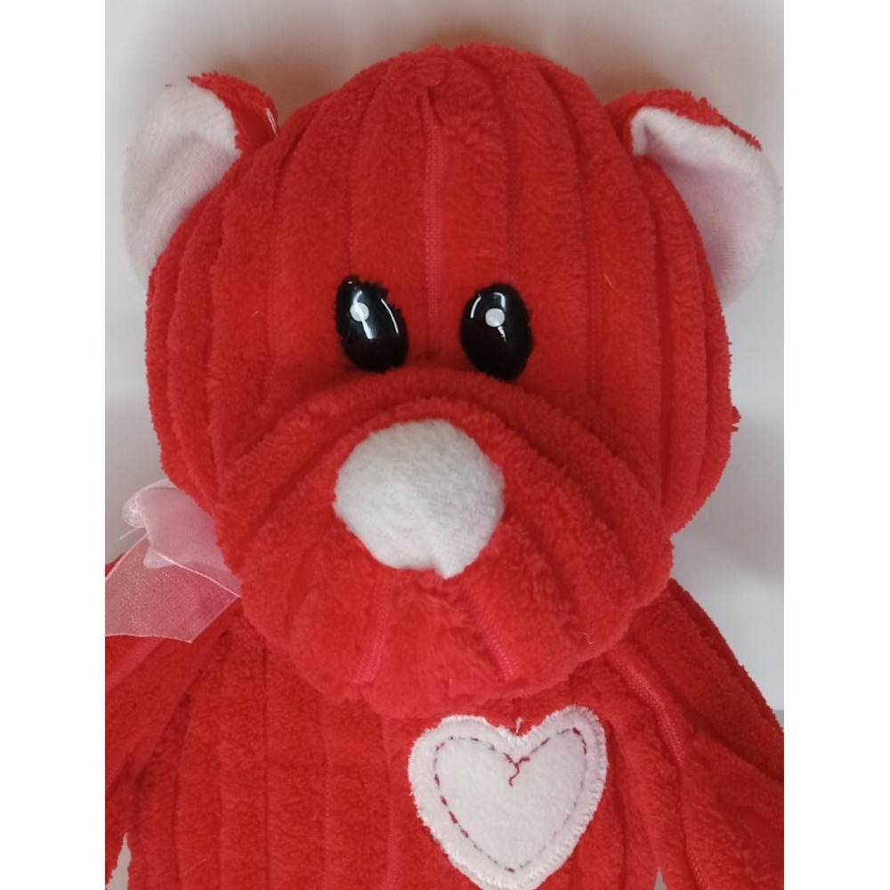 Goffa Plush Bear Soft Ribbed Red Corduroy Stuffed Animal White Heart Pink Bow
